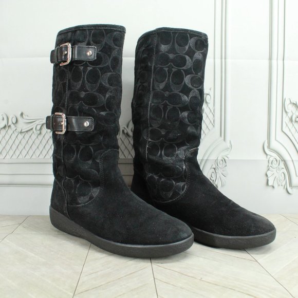 Coach Tinah Monogram Black Suede Lined Buckle Mid Calf Boots Size 7.5 B - Picture 3 of 9